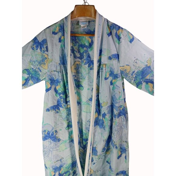 National Womens Zip Front Housecoat Robe 1X Blue Floral Butterfly Cozy Lounge - Picture 9 of 11